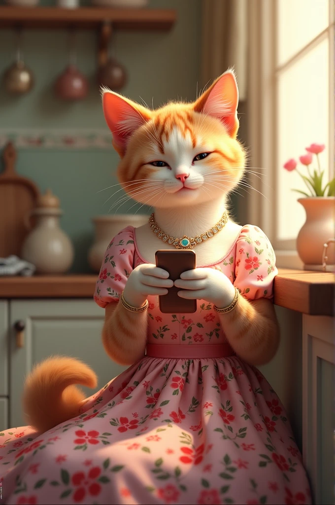 Ek cat ho acchi frock pahani hun jewellery pahani ho aur kitchen mein baithi ho mobile hath mein Kan mein ho