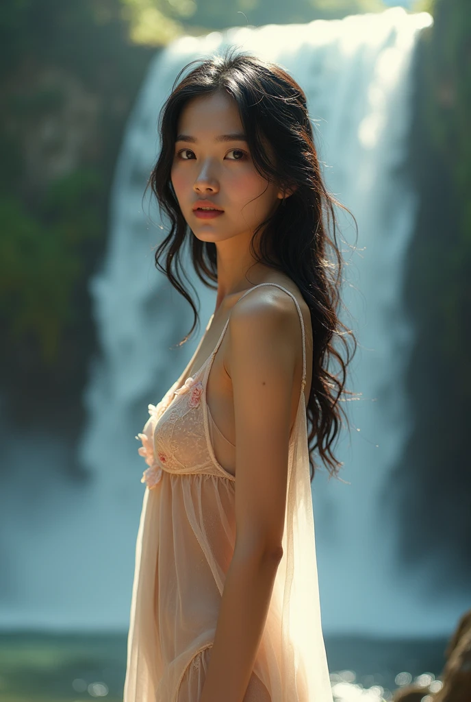 (((Full body image of a young Asian girl))),(Full body model shooting style), (Shy), 1 beautiful girl, , Shiny black hair、 Extremely rich facial details, Beautiful Eye, Lovely, Red cheeks，bright, Eye, Stunning beauty, (Rembrandt Lighting,Ring lighting),Tilt-Shift Lens, Sigma lenses, (Attention to skin details:1.2),4K, Dramatic rim light,glitter effects, high quality,Very delicate and beautiful, wonderful, detailed, masterpiece, 非常detailed, high resolution,Best Shot, ((Best shadow)),Exquisite contrast,complicated,Clear focus, high quality, 1 young Asian woman, Solitary.Lovely,Magnificent waterfall,(Water Drop,rainbow）,雾状Water Drop,wet,lens flare,sleeveless,Ruffles,Beautiful breasts,Moist skin,Cool Eyes,Glossy lips,Tired smile,Radiant Skin,clear translucent skin,from above,waistline,Beautiful nipples,((No underwear, Very transparent, naked, Naked chest, Barely covers her nipples)),((wet, Her nightdress is transparent，The wet skirt is clearly visible，Water drops flowing down the body)),Wet transparent silk nightgown, Expose slender legs,Blurred ahead, Eye,Vivid red，The graceful figure walks and dances lightly，((SIGMA 35mm Full Body Lens, Full body shot)) Jump and dance，Splashing water