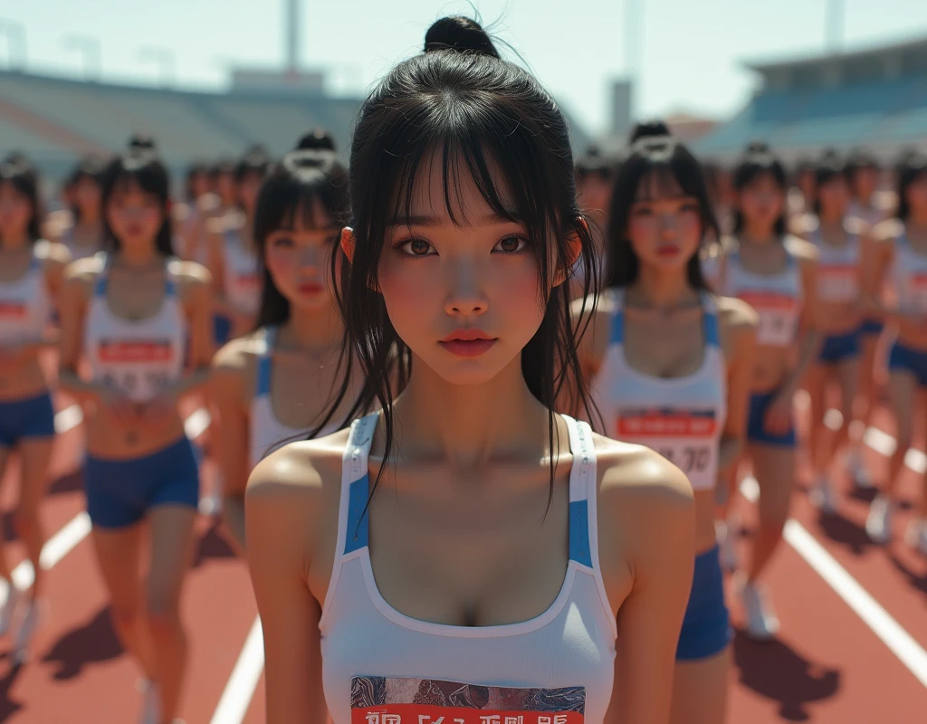 (No need for a center subject in the foreground), (Japanese Clone-girls=Myself), (Super Best masterpiece Clone-girls Raw Photography Art), (16K, Highest quality, Ultra-high resolution, RAW Photos), (It's so unrealistic., With unparalleled depiction, With an unfathomable sight, An unprecedented and shocking worldview, Clone-girls: In a world of mass reproduction, Ultra-realistic depiction), (Japanese Girls, Hamabe-Minami, 16yo), (Small face, Thick black hair, Short Hair, Dark Eyes, Mature face, Cute Smile), (Serious expression), (Very beautiful and detailed girl, Accurate body structure, Accurate body movements, Very detailed body), (Super big breasts, Large bulge of ample breasts), (Track and field uniforms, Emphasise the fullness of your breasts), (Very detailed, Myself cloning, Depiction of splitting oneself, 1Myself girl→1,000,000,000,000,000,000,000,000,000,000Myself cloning girls), (Myself clone girlsは, With the same perfect appearance, to multiply in large numbers), (Very detailed depiction, Myself's multiplying female body, In the same female body,With the same face, With the same hairstyle, In the same clothes, At the same height, 同じSuper big breastsで, A completely indistinguishable female body, 1,000,000,000,000,000,000,000,000,000,000 people), (Myself girls only), (1,000,000,000,000,000,000,000,000,000,000Myself girls), Starting point for the women's marathon, Myself Crowd, Lined up side by side at the starting line,A scene just before the start, 1 second before the starting gun, A tense and realistic experience, Tension at the start