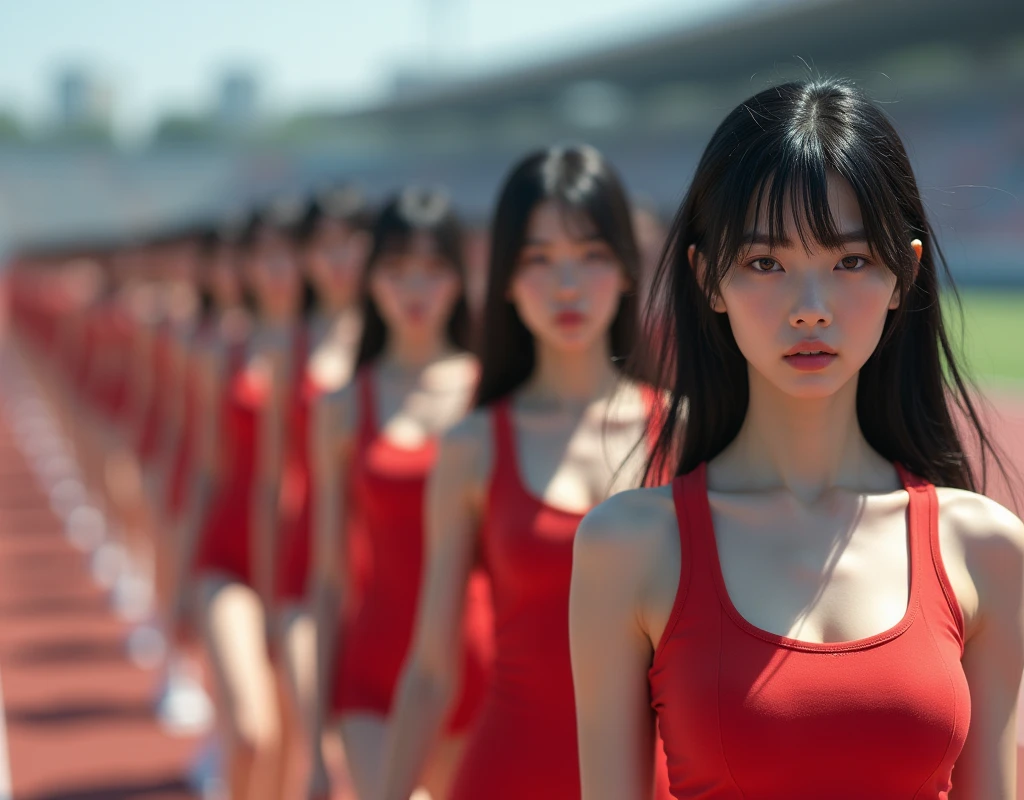 (No need for a center subject in the foreground), (Japanese Clone-girls=Myself), (Super Best masterpiece Clone-girls Raw Photography Art), (16K, Highest quality, Ultra-high resolution, RAW Photos), (It&#39;s so unrealistic., With unparalleled depiction, With an unfathomable sight, An unprecedented and shocking worldview, Clone-girls: In a world of mass reproduction, Ultra-realistic depiction), (Japanese Girls, Hamabe-Minami, 16yo), (Small face, Thick black hair, Short Hair, Dark Eyes, Mature face, Cute Smile), (Serious expression), (Very beautiful and detailed girl, Accurate body structure, Accurate body movements, Very detailed body), (Super big breasts, Large bulge of ample breasts), (Track and field uniforms, Emphasise the fullness of your breasts), (Very detailed, Myself cloning, Depiction of splitting oneself, 1Myself girl→1,000,000,000,000,000,000,000,000,000,000Myself cloning girls), (Myself clone girlsは, With the same perfect appearance, to multiply in large numbers), (Very detailed depiction, Myself&#39;s multiplying female body, In the same female body,With the same face, With the same hairstyle, In the same clothes, At the same height, 同じSuper big breastsで, A completely indistinguishable female body, 1,000,000,000,000,000,000,000,000,000,000 people), (Myself girls only), (1,000,000,000,000,000,000,000,000,000,000Myself girls), Starting point for the women&#39;s marathon, Myself Crowd, Lined up side by side at the starting line,A scene just before the start, 1 second before the starting gun, A tense and realistic experience, Tension at the start