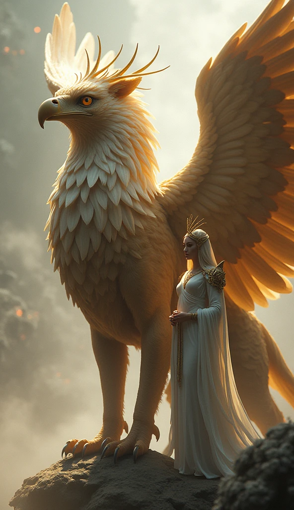 Griffon、dignified posture Eagle face:1.2、Sharp beak:1.7、Beautiful Wings:1.5、manly lion body:1.5、god獣、Beautiful coat、godの使いのGriffon、god聖的な生き物、god々しいGriffon、Alsoと立つ鋭い目つきのGriffon、Also々Are standing、haze、幻想的なhaze、Beautiful sight、break、美しい女god、女godがGriffonの隣に立つ、