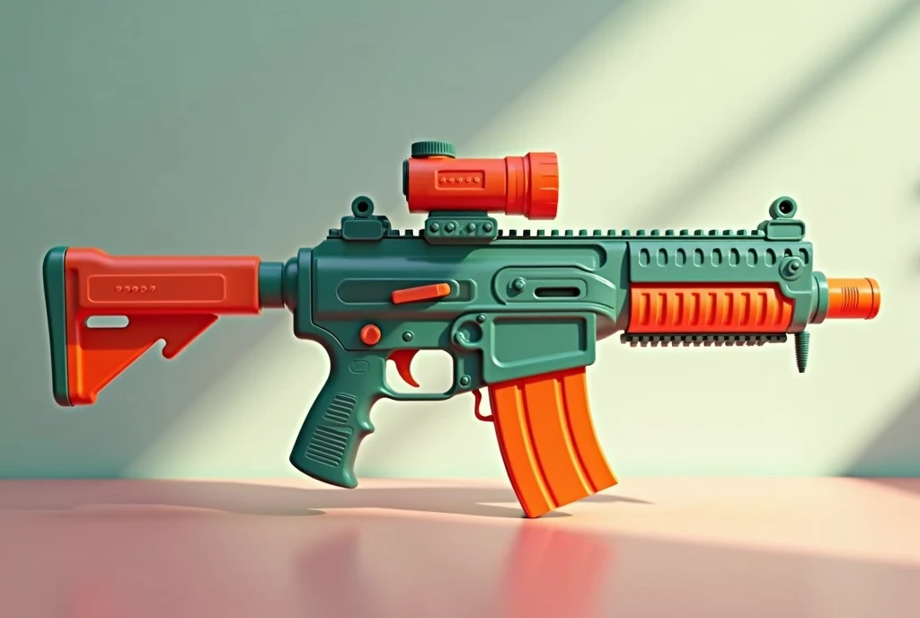 Mini double water gun toy,Integrated rifle mount,There is a buttstock under the muzzle,Q version,Cute pattern on the surface,Transparent magazine and scope recessed,(Similar structure to AK47),(Double muzzle:1.3),Smooth lines,Plastic material,Three-color Morandi color matching,high quality,Professional Product Photography,Table background,3d, OC Rendering,8K,
