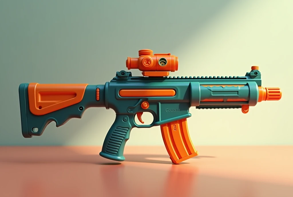 Mini double water gun toy,Integrated rifle mount,There is a buttstock under the muzzle,Q version,Cute pattern on the surface,Transparent magazine and scope recessed,(Similar structure to AK47),(Double muzzle:1.3),Smooth lines,Plastic material,Three-color Morandi color matching,high quality,Professional Product Photography,Table background,3d, OC Rendering,8K,