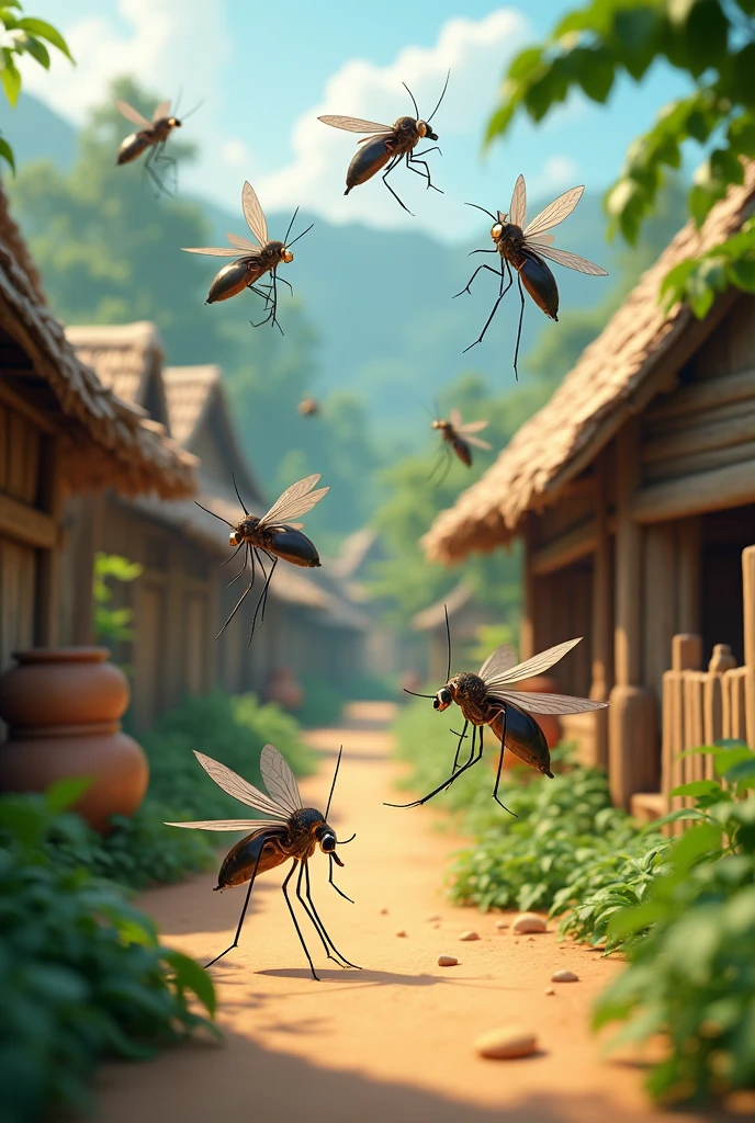 Mosquitoes in village ai 3d cartoon type realistic image