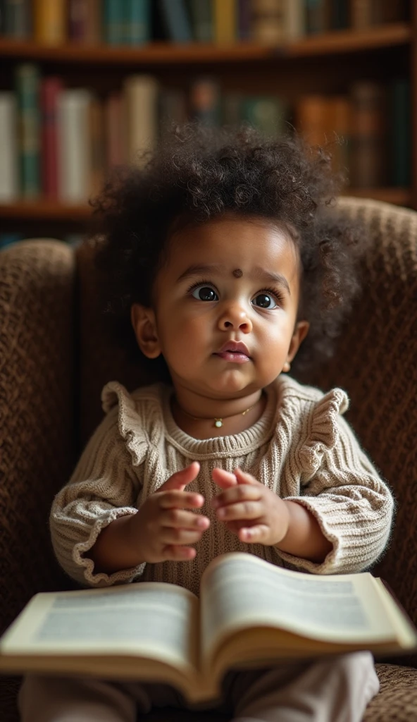 Create UHD photorealistic realistic photo, no animation, no 3D image, no Pixar style animation, no extra fingers. 20-month-old French-Arabic girl , sitting in a storyteller's chair, surrounded by storybook. Use Nikon D850 with 105mm f/1.4 lens. Soft, dreamy lighting with a touch of bokeh. Capture her animated expression mid-story. Enchanting studio portrait style.
