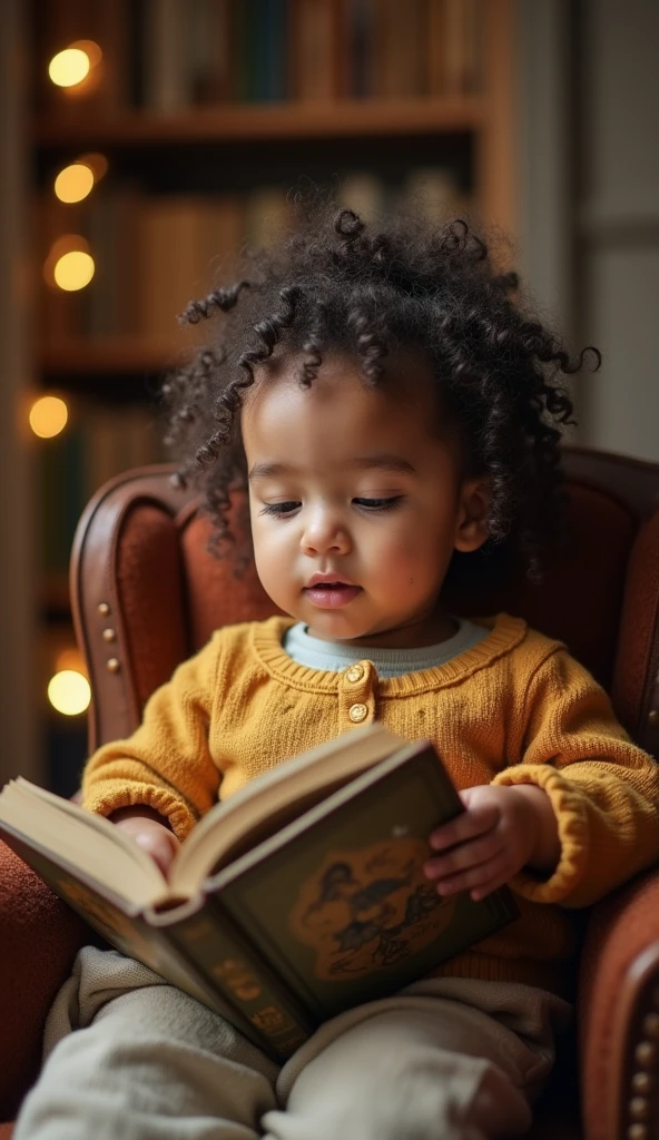 Create UHD photorealistic realistic photo, no animation, no 3D image, no Pixar style animation, no extra fingers. 20-month-old French-Arabic girl , sitting in a storyteller's chair, surrounded by storybook. Use Nikon D850 with 105mm f/1.4 lens. Soft, dreamy lighting with a touch of bokeh. Capture her animated expression mid-story. Enchanting studio portrait style.
