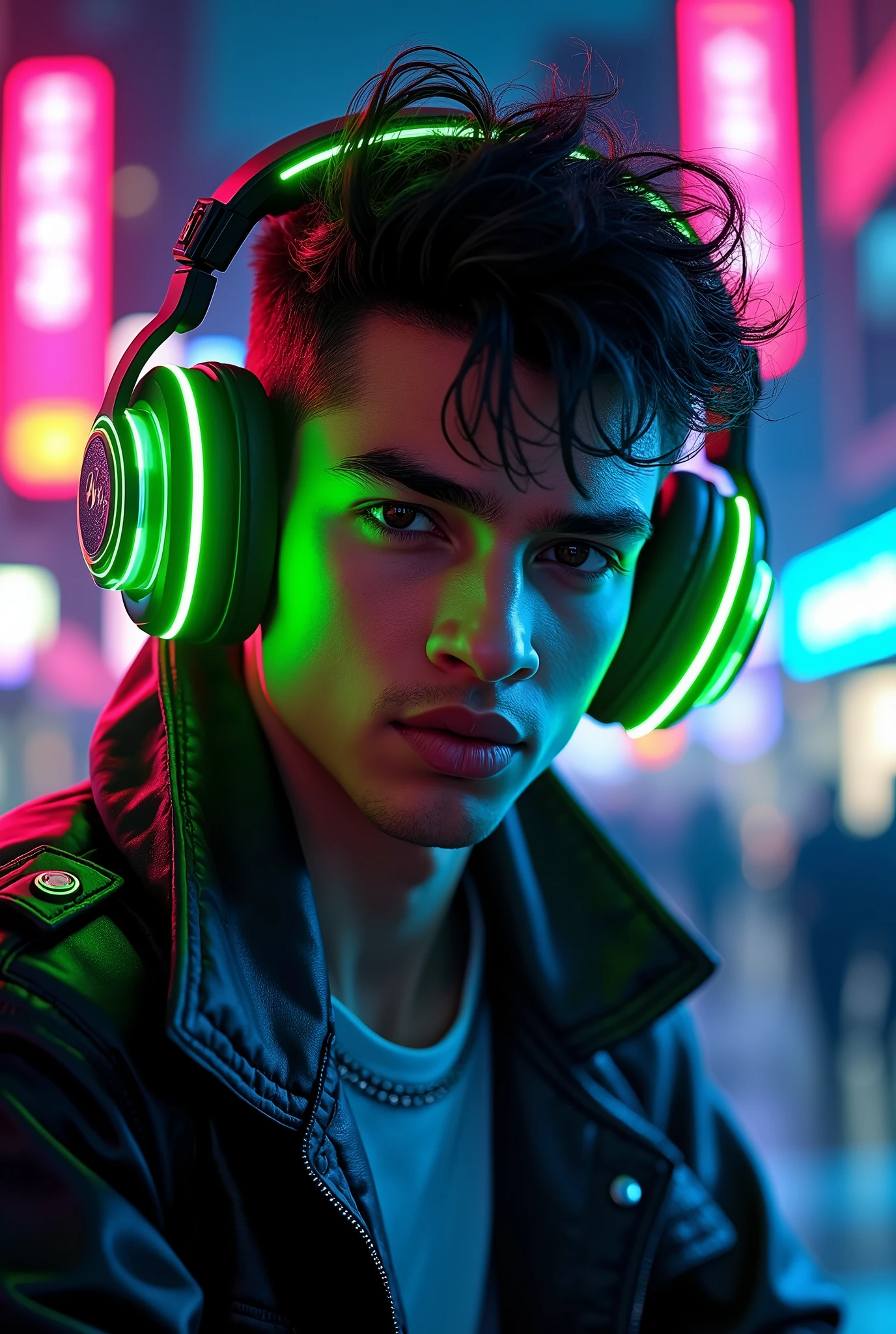 manga japanesse cartoon of a fluorescent green-black color. Light skin Indian male super model  dj . Add green beats headphones,  add the text ¨Rick D´Angle ¨ to the image , totally night view photo with ultra open wide lens photo technic, octane rendering, 8192k ultra hifi