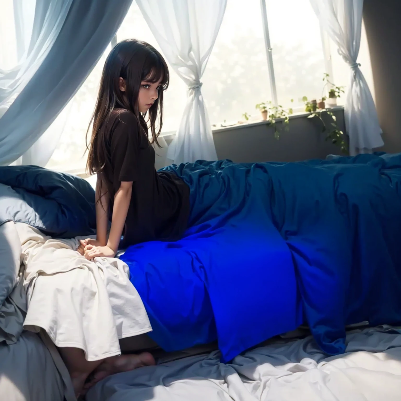 1 girl, masterpiece, best quality, best quality, Amazing, beautiful detailed eyes, finely detailed, depth of field, extremely detailed CG unity 8k wallpaper, full body,dark brown hair,dark rock shirt, covering his legs with a blanket, getting up in the morning supporting his hands on the bed arching his torso, looking towards the window, (dim light source with white rays of light from the sun), (cold temperature), (cold look at the window), straight hair, pale brown skin,