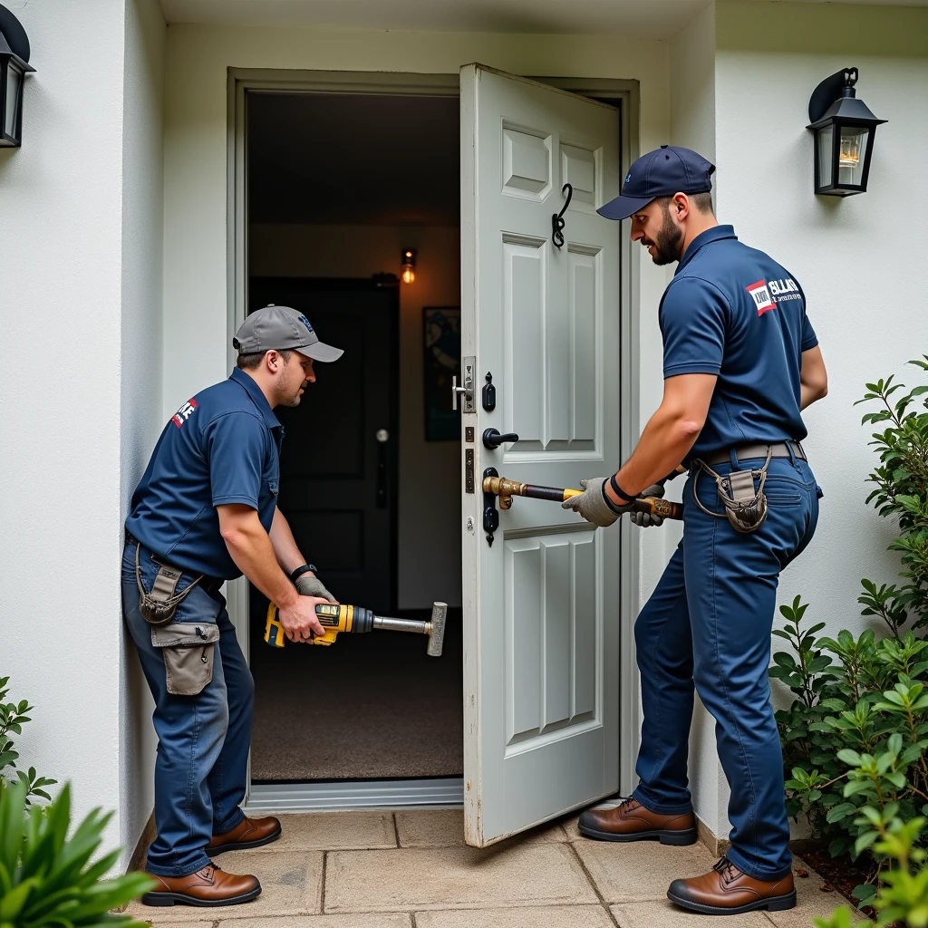 Create a professional and realistic image for an online store that offers door installation and maintenance services, focusing on the removal of an old metal door. The image should depict experienced workers carefully dismantling an old metal door, using appropriate tools such as crowbars and drills. The scene should show the process of removing the door from its frame, with attention to detail in preserving the surrounding structure. The setting should be a residential entrance, with the workers dressed in branded, professional work attire. The work area should be clean and organized, with the old door being carefully handled or prepared for disposal. Subtle branding elements, such as logos on uniforms or tools, should be included to reinforce the company’s identity. The overall image should convey professionalism, safety, and efficiency in the door removal process.