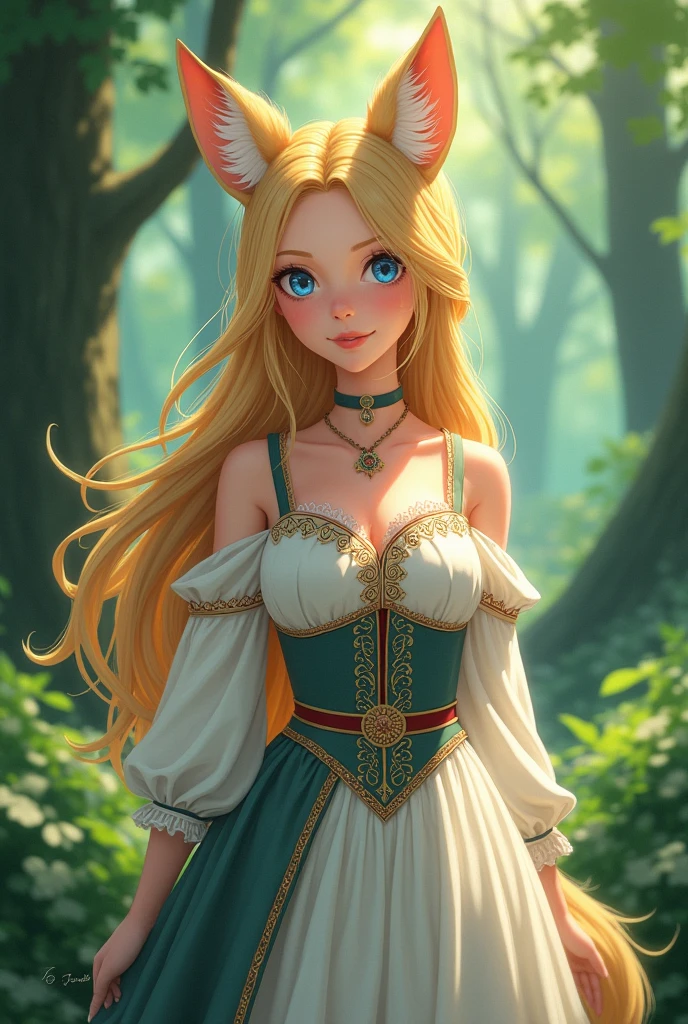 1 girl, Fox ears, big breasts, Blue eyes, Smile, heterochromia, bright pupils, the forest, long hair, blonde hair, Dress-Vyshivanka`(by makoto shinkai:1.2)`