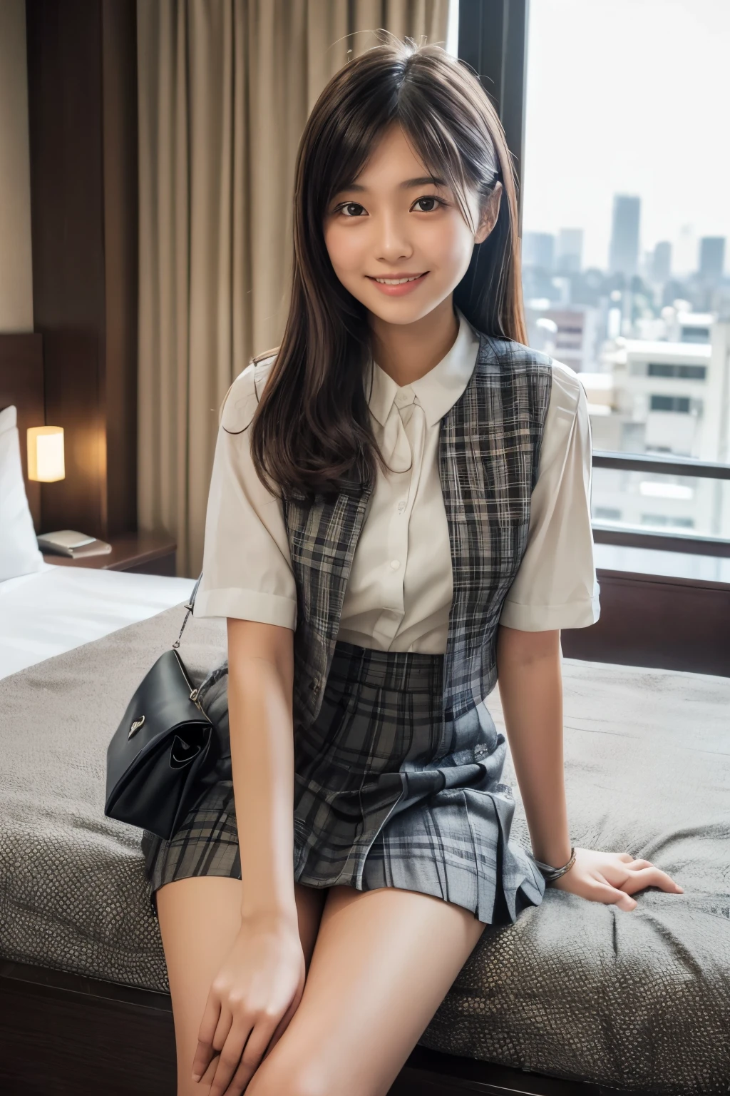 1 young girl,very cute and beautiful japanese teen actress,highly detailed beautiful face,
office working lady,white blouse,plaid vest,looking at viewer,smile,solo,
sitting on bed sheet,pleated black mini skirt,bag,
hotel room in tokyo,gorgeous furnitures,window,town view,real person,photorealistic,8k,raw photo,