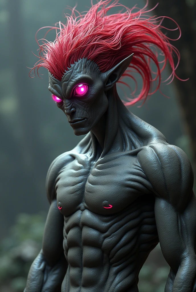 Alien with a male appearance
Bright blood red hair
Very bright pink eyes
Gray scaly skin