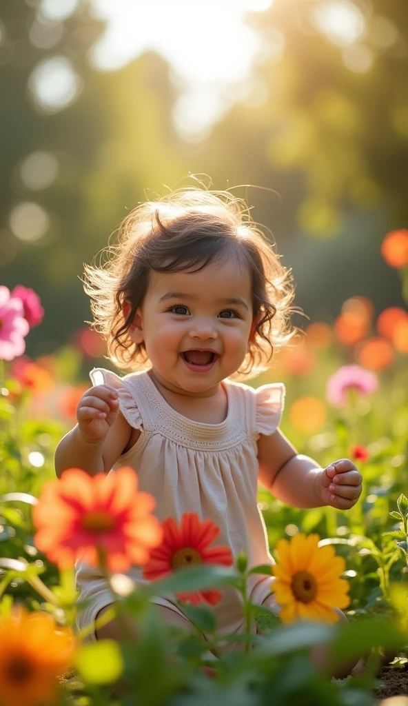 Create UHD photorealistic realistic photo, no animation, no 3D image, no Pixar style animation, no extra fingers. 8-month-old French-Arab girl named Mila, playing joyfully in a sunlit garden filled with flowers. Capture her vibrant energy using a Canon EOS R5 with a 50mm f/1.2 lens for soft bokeh effect. Bright, natural lighting enhances the beauty of her playful spirit. Family album studio style.