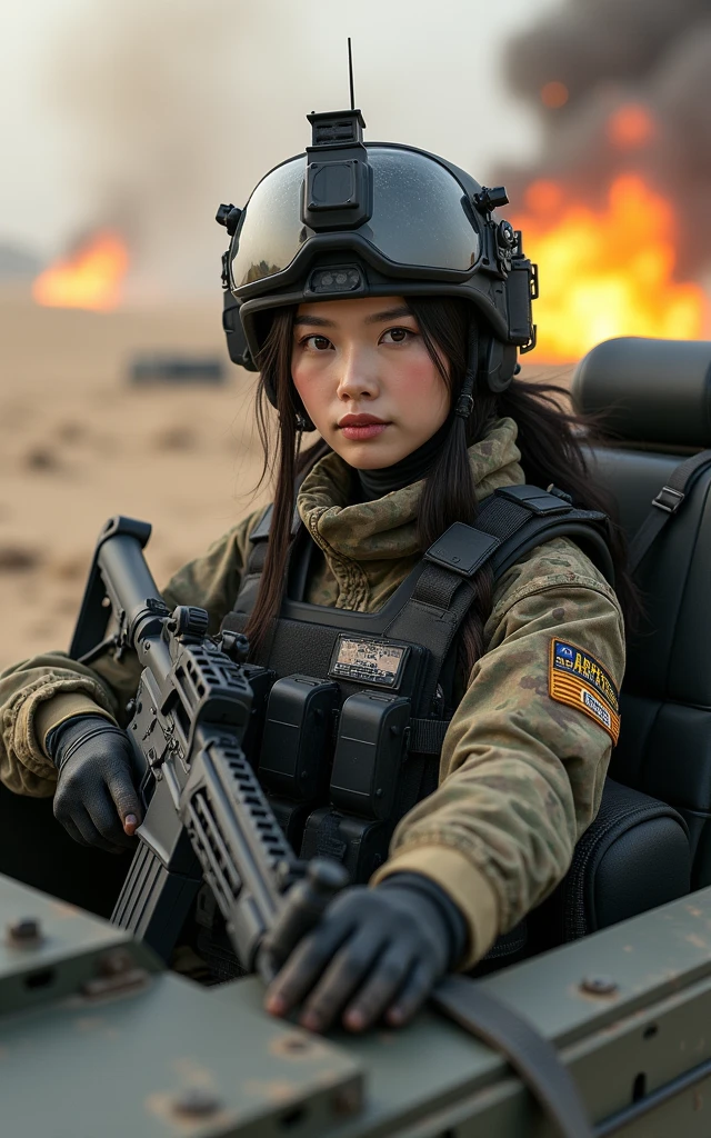 Ultra-high resolution，High-resolution details，Wearing Army Camouflage，South Korean Armored Forces，Wearing a black military vest，Wearing a military helmet，Advanced and complete equipment，fully armed，（Drive an armored vehicle yourself）Armored vehicle cockpit（1 Korean female soldier，Super beautiful，Super fair skin，Super white face）（full-body shot，panoramic，Wide-angle lens），Sand and dust flying，Smoke of war，explode，airplane