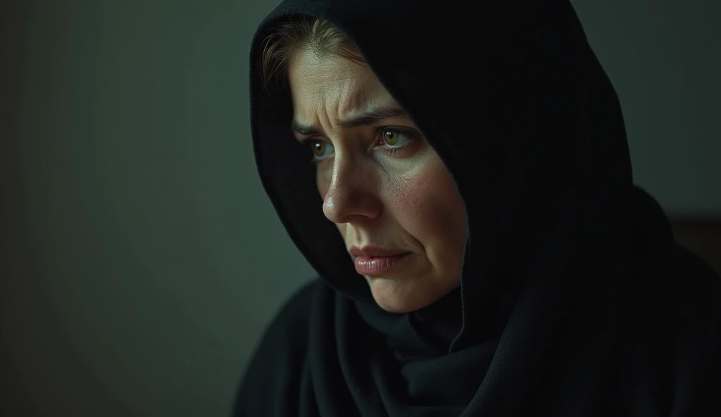 a muslim mother crying and sad wearing hijab,  very sick, emotional portrait, detailed realistic face, detailed facial features, detailed hijab, sorrowful expression, dramatic lighting, moody atmosphere, somber colors, muted tones, cinematic lighting, cinematic composition, realistic