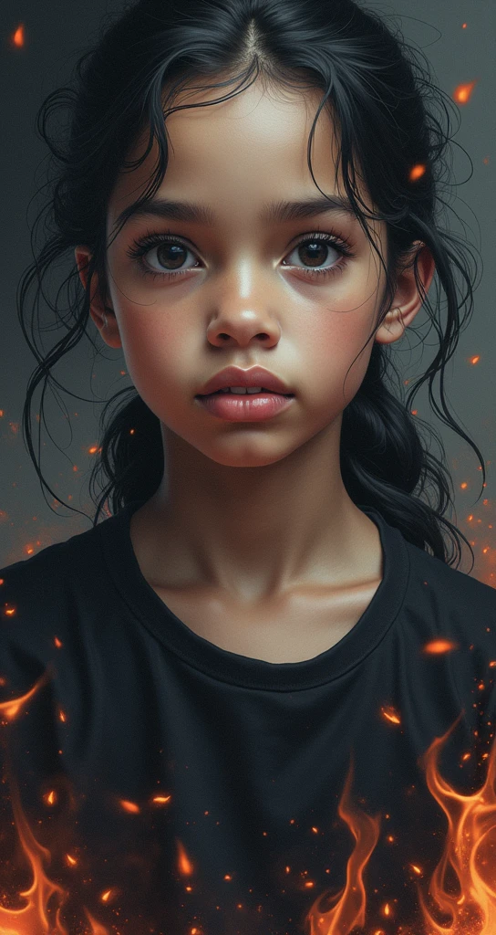 a mulatto girl with messy black ponytail hair, wearing a black T-shirt, surrounded by flames, elegant expression, digital painting, concept art, sharp focus, illustration, (best quality,4k,8k,highres,masterpiece:1.2),ultra-detailed,(realistic,photorealistic,photo-realistic:1.37),HDR,UHD,studio lighting,ultra-fine painting,physically-based rendering,extreme detail description,professional,vivid colors,bokeh
