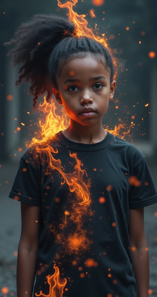 a mulatto girl with messy black ponytail hair, wearing a black T-shirt, surrounded by flames, elegant expression, digital painting, concept art, sharp focus, illustration, (best quality,4k,8k,highres,masterpiece:1.2),ultra-detailed,(realistic,photorealistic,photo-realistic:1.37),HDR,UHD,studio lighting,ultra-fine painting,physically-based rendering,extreme detail description,professional,vivid colors,bokeh