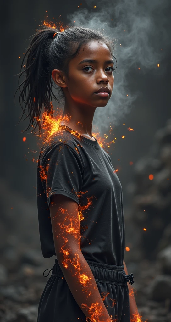 a mulatto girl with messy black ponytail hair, wearing a black T-shirt, surrounded by flames, elegant expression, digital painting, concept art, sharp focus, illustration, (best quality,4k,8k,highres,masterpiece:1.2),ultra-detailed,(realistic,photorealistic,photo-realistic:1.37),HDR,UHD,studio lighting,ultra-fine painting,physically-based rendering,extreme detail description,professional,vivid colors,bokeh