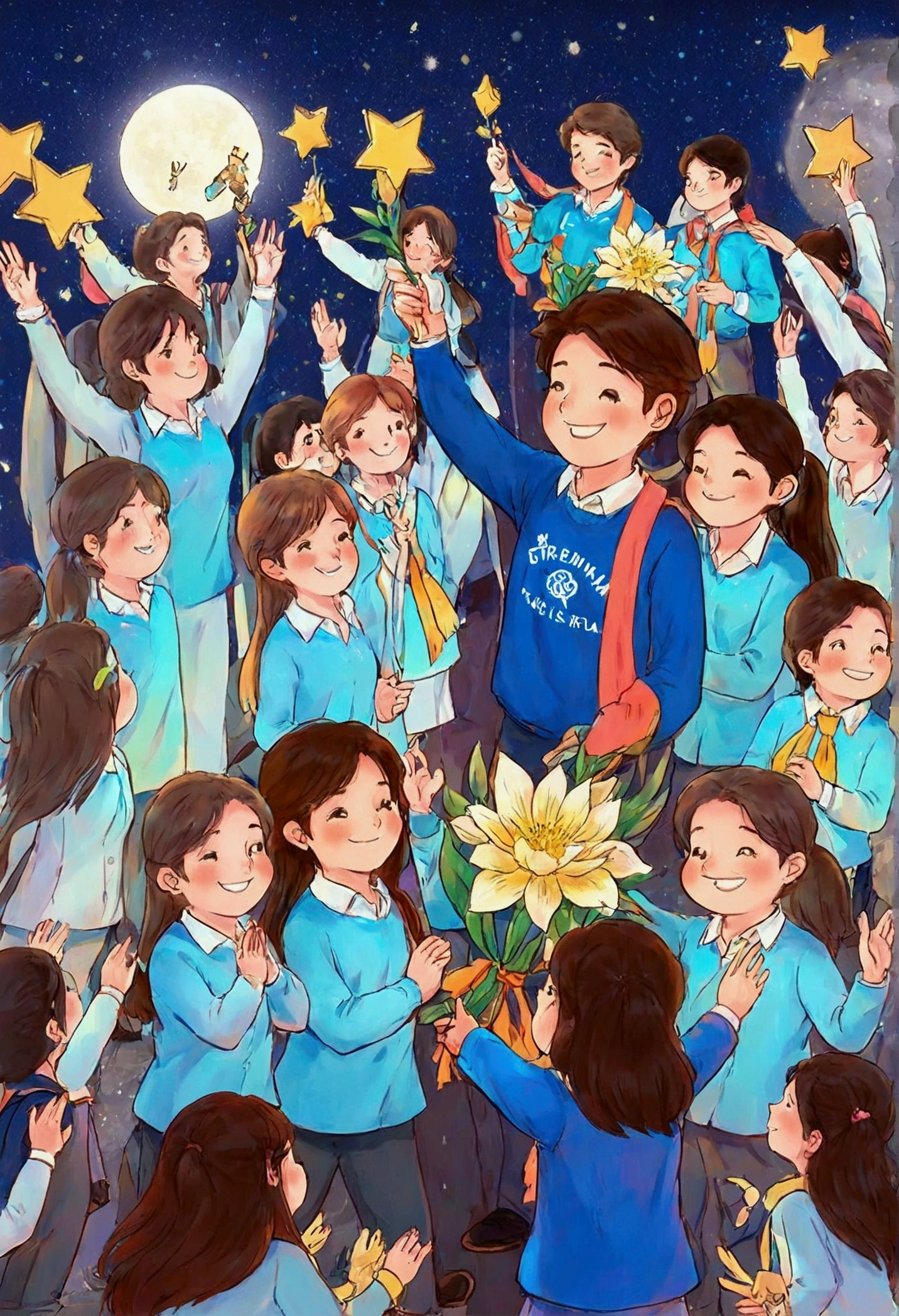 A group of students gathered around a teacher, holding flowers and trophies. The teacher smiled and gently placed their hands on the shoulders of the students, standing together on a "Star Avenue" made up of books, symbolizing the glorious path of education. The night sky serves as the background, adorned with brilliant stars and a bright moon, creating a halo effect around teachers and students, adding a sense of sacredness and glory. A solemn yet dreamlike atmosphere