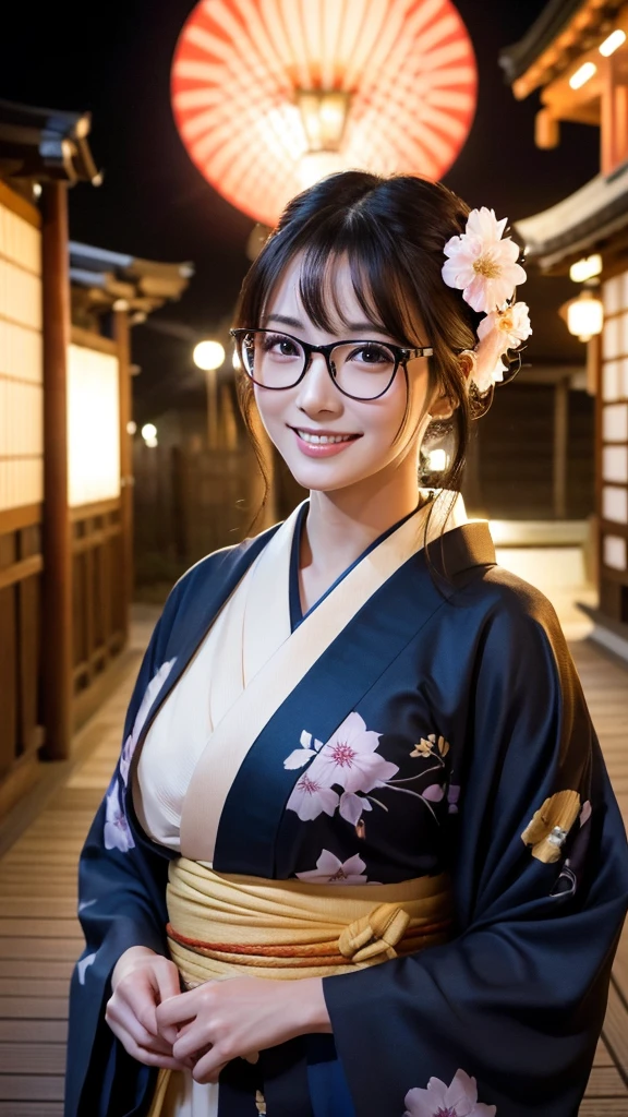(Super beautiful woman in kimono)、((highest quality、8K masterpiece:1.3))、sharp focus:1.2、(super beautiful face:1.0)、(shiny skin:1.0)、realistic pictures、black hair、video lighting、High resolution eyes and face、video lighting、japanese actress、from the front、big breasts、with a happy smile、Slender abs beauty、whole body、wearing a kimono、in Kyoto、(((luxury obi)))、In Kyoto at night、wearing glasses with no edge、with a fan、Fireworks Display