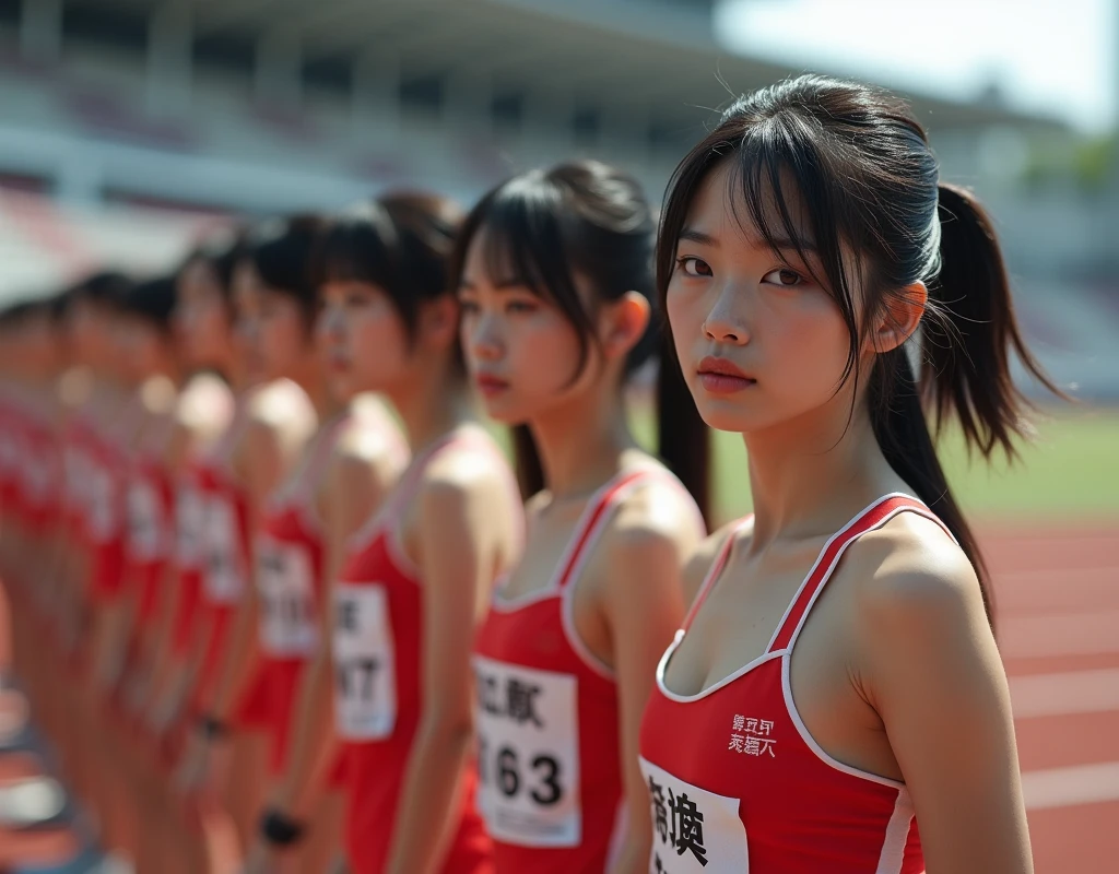 (No need for a center subject in the foreground), (Japanese Clone-girls=Myself), (Super Best masterpiece Clone-girls Raw Photography Art), (16K, Highest quality, Ultra-high resolution, RAW Photos), (It's so unrealistic., With unparalleled depiction, With an unfathomable sight, An unprecedented and shocking worldview, Clone-girls: In a world of mass reproduction, Ultra-realistic depiction), (Japanese Girls, Hamabe-Minami, 16yo), (Small face, Thick black hair, Short Hair, Dark Eyes, Mature face, Cute Smile), (Serious expression), (Very beautiful and detailed girl, Accurate body structure, Accurate body movements, Very detailed body), (Super big breasts, Large bulge of ample breasts), (Track and field uniforms, Emphasise the fullness of your breasts), (Very detailed, Myself cloning, Depiction of splitting oneself, 1Myself girl→1,000,000,000,000,000,000,000,000,000,000Myself cloning girls), (Myself clone girlsは, With the same perfect appearance, to multiply in large numbers), (Very detailed depiction, Myself's multiplying female body, In the same female body,With the same face, With the same hairstyle, In the same clothes, At the same height, 同じSuper big breastsで, A completely indistinguishable female body, 1,000,000,000,000,000,000,000,000,000,000 people), (Myself girls only), (1,000,000,000,000,000,000,000,000,000,000Myself girls), Starting point for the women's marathon, Myself Crowd, Lined up side by side at the starting line,A scene just before the start, 1 second before the starting gun, A tense and realistic experience, Tension at the start