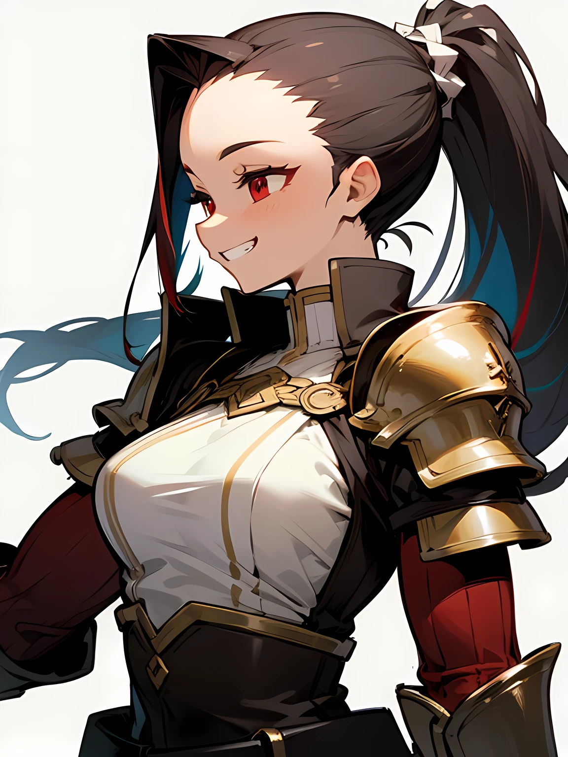 sideview,Solo, upperbody, black streaked color ponytail, (big forehead), red eyes, sexy grin, expert gladiator outfit, I'm the main character, stance, white simple background,