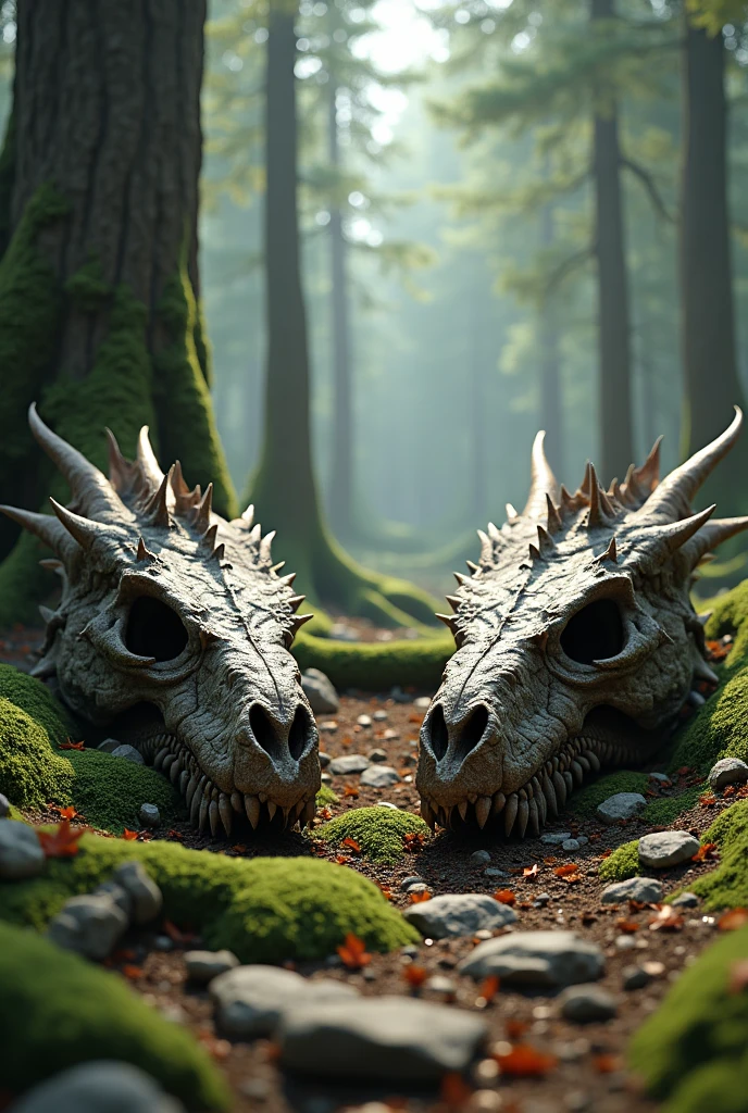 Two dragon head skull,on floor,pine forest, rock floor