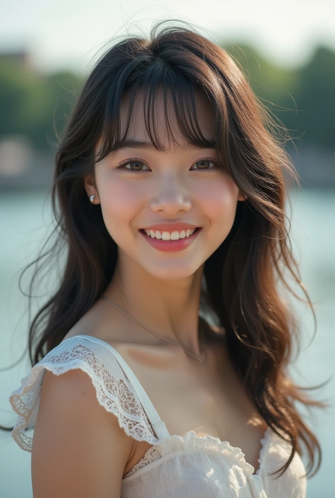 (8k、top-quality、masterpiece、超A high resolution、High Definition Face:1.3)、portlate、(20 years girl:1.3)、bokeh dof、frontage、 Genius genius smile、Ultra-detail、ultra res、(realisitic、rialistic photo:1.37)、high-definition RAW color photography、Professional Photography、highly detailed and beautiful、ighly detailed、8k Picture Wallpaper、amazing detailed、huge filesize、Official art、Highly detailed CG Unity 8k wallpapers、highly detailed beautiful girl、extra detailed face、extremely detailed eye、highlydetailed skin、extremely detailed fingers、highly detailed nose、very detailed detailed mouth、Perfect Anatomy、Highly detailed clothing、1 girl、(18:1.2)、Teen、Cute s、famous Japan idol、cute little、Realistic body、、white-skinned、glistning skin、Slim body、Handsome body、brown haired、(Blunt bangs:1.2)、Classic wavy long hair、 (nffsw:1.3),A smile、kawaii、zora々Right、kawaii faces、Lifelike face、Delicat eyes、Sauce order、White T-shirt、skirt by the、Looking at the camera、cowboy shot、along the river、front facing、contrapo、public