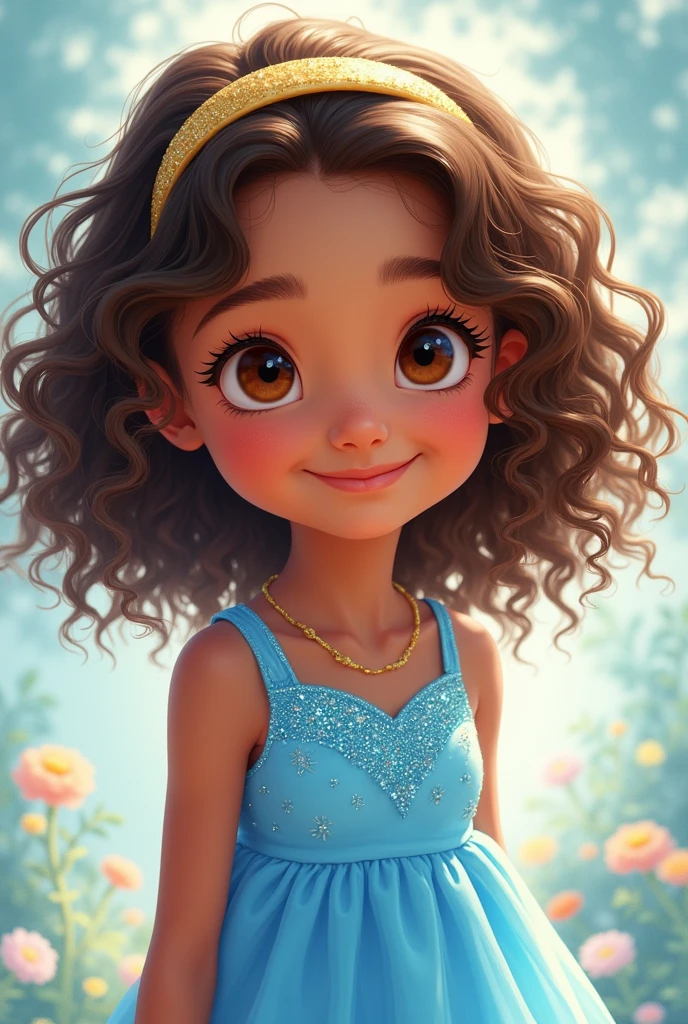 Style manga ou animé, fillette de 6 ans, métisse, cheveux chatains crepus, un diademe doré dans les cheveux, yeux marrons, robe toute bleue clair avec des paillettes bleues en haut.
Elle sourit, elle a un peu de maquillage sur les yeux