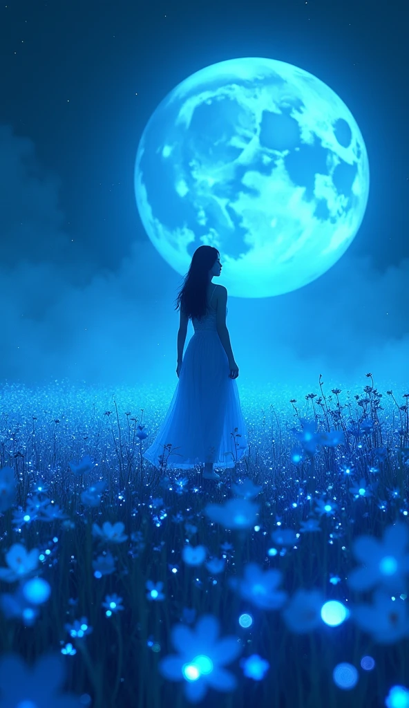((masterpiece)), best quality, High quality, ultra-detailed, 1024k UHD wallpaper, ultra-high resolution, depth of field, dreamlike, illustration, intricate, Professional, Vivid colors, soft, High saturation, sharp focus, Lens flare, (extremely detailed CG 1024k wallpaper), Best Details, Ultra HD Photo, (1girl), Walking in the Night, Bioluminescene, Blue flowers field, Big blue Moon, blue fireflies, blue star, (Night), (Beautiful Amazing Background), (blue Glitter particles), (blue shimmering Effect), (light pastel), pastel, nijijourney, 
