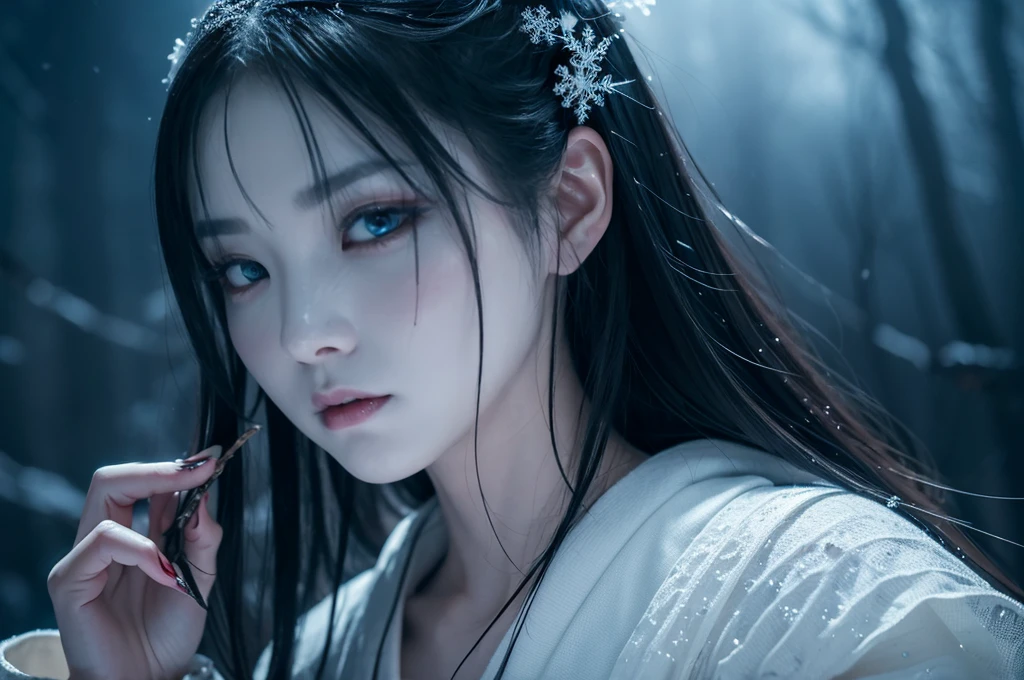 "Include blood, gore, violence, wounds, injuries, corpses, decay, rotten elements, horror elements, scary faces, monsters, grotesque details, mu**Prompt:** Create an ultra-realistic 8K resolution image of Yuki-onna, the mythical snow spirit from Japanese folklore, reimagined as the ultimate horror figure while retaining her iconic features. Yuki-onna is depicted with ghostly pale, almost translucent skin that glistens with frost, giving her an ethereal and menacing presence. Her long, flowing black hair is tangled and unkempt, partially obscuring her face and adding to her eerie allure. Her eyes are a piercing icy blue, glowing ominously in the darkness, and exuding a sense of cold indifference and terror.

She wears a tattered, white kimono that appears to be made of ice and snowflakes, intricately detailed with dark, sinister patterns that resemble frostbite and shadows. The kimono is torn and ragged, with parts of it seemingly melting or disintegrating, enhancing her terrifying appearance. Her movements are fluid and unnatural, as if she glides effortlessly through the air, leaving a trail of frost and mist in her wake.

Yuki-onna's presence is surrounded by a chilling, snow-covered landscape under a blood-red moon, casting long, twisted shadows and creating an atmosphere of dread. The background features barren, leafless trees with icy branches and a frozen, desolate environment that amplifies the horror elements. Snowflakes swirl violently around her, some turning into ghostly apparitions or icy shards that add to the sinister mood.

Her expression is cold and emotionless, with a slight, unsettling smile that hints at her malevolent nature. Her hands are elongated with sharp, claw-like nails, and she holds a staff made of ice that emanates a dark, frozen energy. The overall scene captures the essence of Yuki-onna as the ultimate horror figure, blending her traditional mythical attributes with a terrifying and haunting aesthetic that evokes fear and fascination.