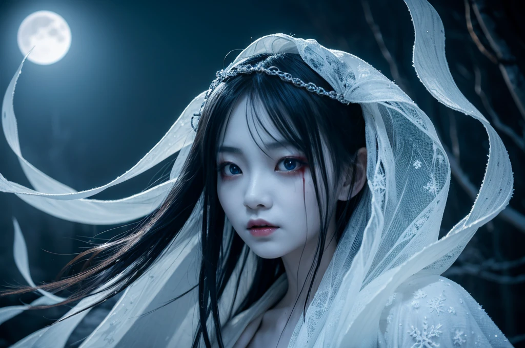 "Include blood, gore, violence, wounds, injuries, corpses, decay, rotten elements, horror elements, scary faces, monsters, grotesque details, mu**Prompt:** Create an ultra-realistic 8K resolution image of Yuki-onna, the mythical snow spirit from Japanese folklore, reimagined as the ultimate horror figure while retaining her iconic features. Yuki-onna is depicted with ghostly pale, almost translucent skin that glistens with frost, giving her an ethereal and menacing presence. Her long, flowing black hair is tangled and unkempt, partially obscuring her face and adding to her eerie allure. Her eyes are a piercing icy blue, glowing ominously in the darkness, and exuding a sense of cold indifference and terror.
She wears a tattered, white kimono that appears to be made of ice and snowflakes, intricately detailed with dark, sinister patterns that resemble frostbite and shadows. The kimono is torn and ragged, with parts of it seemingly melting or disintegrating, enhancing her terrifying appearance. Her movements are fluid and unnatural, as if she glides effortlessly through the air, leaving a trail of frost and mist in her wake.
Yuki-onna's presence is surrounded by a chilling, snow-covered landscape under a blood-red moon, casting long, twisted shadows and creating an atmosphere of dread. The background features barren, leafless trees with icy branches and a frozen, desolate environment that amplifies the horror elements. Snowflakes swirl violently around her, some turning into ghostly apparitions or icy shards that add to the sinister mood.
Her expression is cold and emotionless, with a slight, unsettling smile that hints at her malevolent nature. Her hands are elongated with sharp, claw-like nails, and she holds a staff made of ice that emanates a dark, frozen energy. The overall scene captures the essence of Yuki-onna as the ultimate horror figure, blending her traditional mythical attributes with a terrifying and haunting aesthetic that evokes fear and fascination.