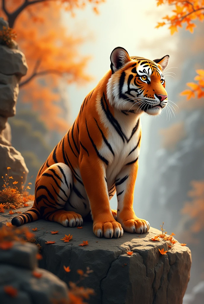 a pure brown tiger,on the cliff,Watch from a high place,Background autumn,Tiger cute style