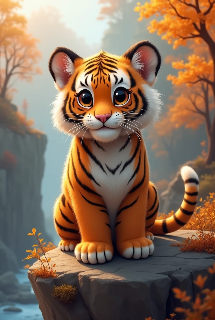 a pure brown tiger,on the cliff,Watch from a high place,Background autumn,Tiger cute style