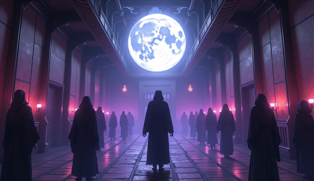 A fantastical Japanese-style room from another world、Place々Creepy、People in strange costumes々Focus on the human-sized moon floating in the center of the、Mysterious Ritual、Drawing from the perspective of a participant、A mysterious purple light、Adding a spooky feeling