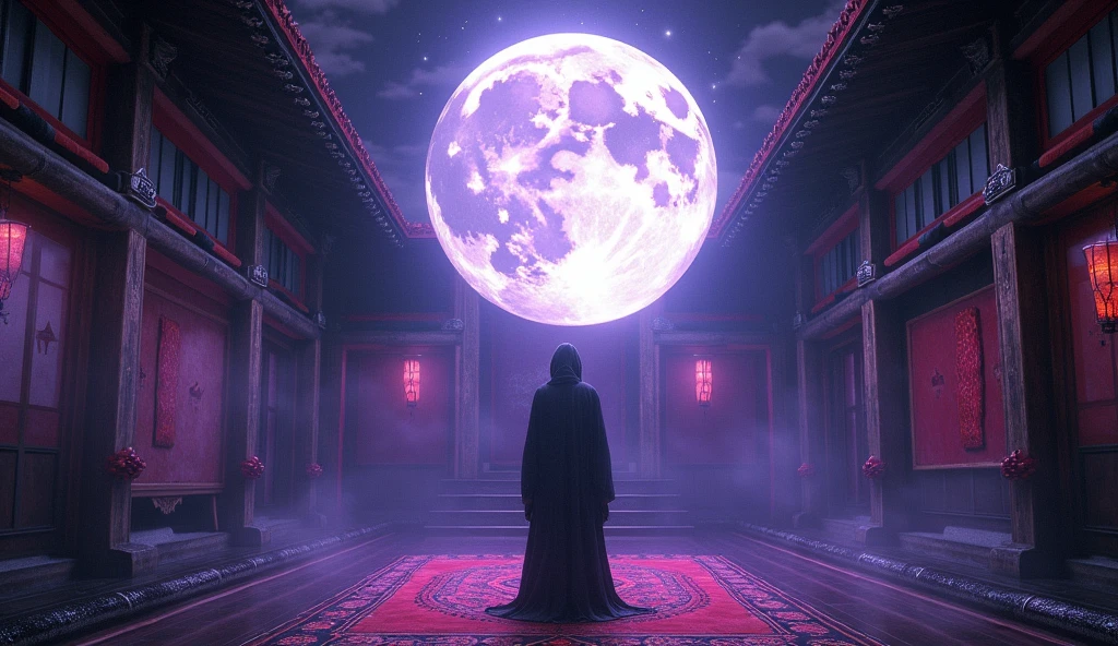 A fantastical Japanese-style room from another world、Place々Creepy、People in strange costumes々Focus on the human-sized moon floating in the center of the、Mysterious Ritual、Drawing from the perspective of a participant、A mysterious purple light、Adding a spooky feeling