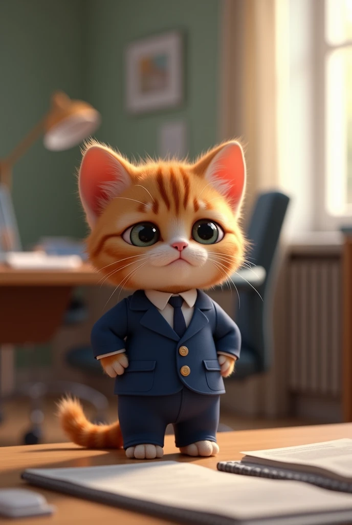 "Wearing a navy blue suit in the office、Pixar-style AI Cat depicted as a tiny, stressed kitten。 The kitten looks anxious、In the middle of apologizing、Flattening the ears。