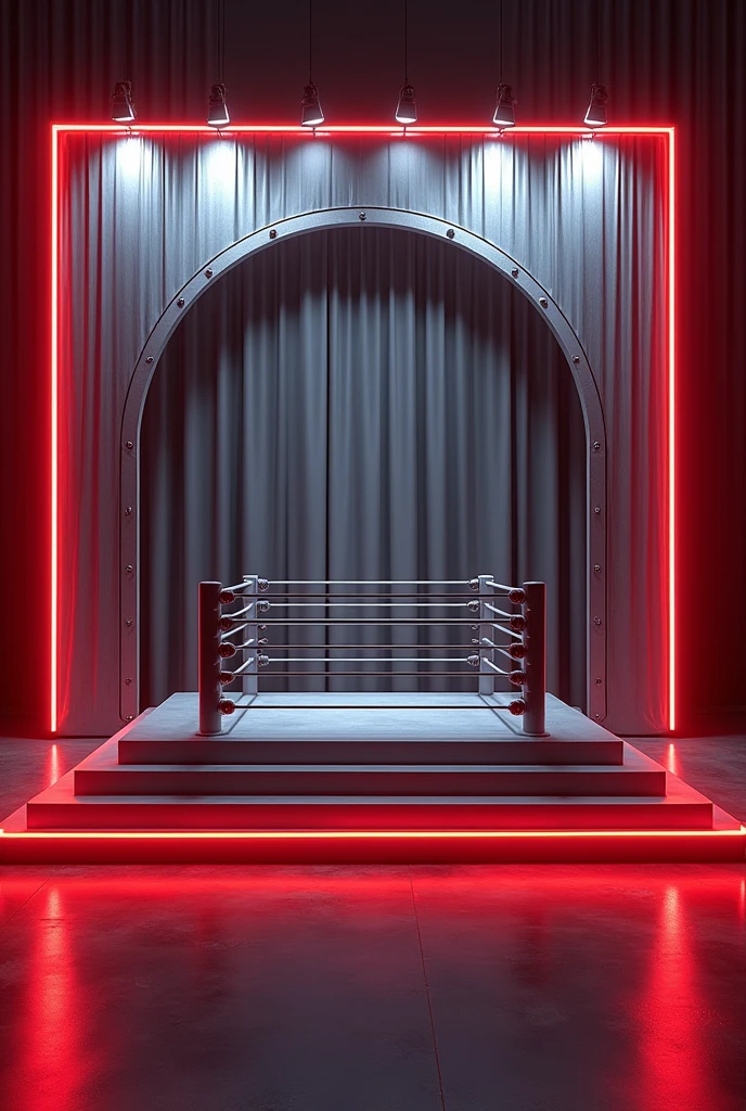 Arched rectangle with silver metallic party curtain and red LED light edge and in front a handmade wrestling ring