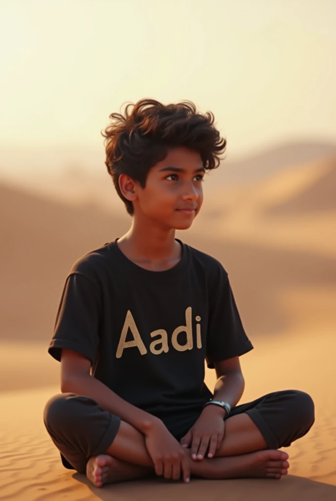 A boy sitting on the thar with wearing black shirt on printed name is aadi and baground is blur