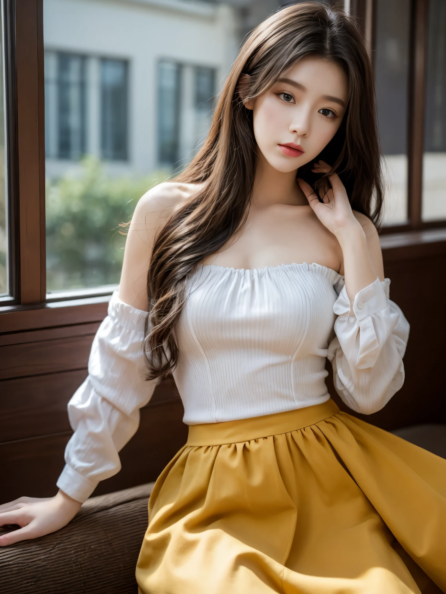 1girl,masterpiece,best quality,beautiful,extremely detailed CG unity 8k wallpaper, wearing intricate strapless shirt and yellow long skirt,
