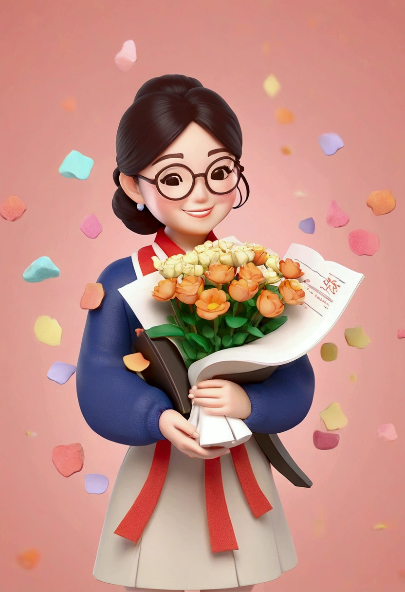 Asian illustration, a 30 year old female teacher, Holding a book and a bouquet of flowers in hand, glasses, smile, white background, clay, Matte, soft light, glowwave, simple, 3d, blender, oc render, in by pop mart, blind box toy, hyper detail, c4d, 8k, uhd