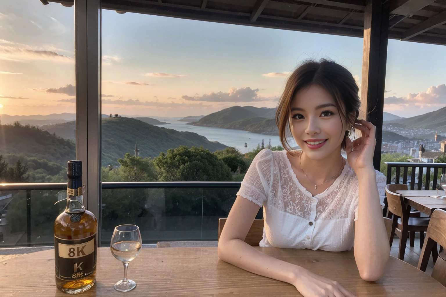 ((Highest quality、8k、masterpiece:1.3))、Whiskey bottles、The Macallan、Joni Black、Old Parr、whiskey、Suntory、Nikka、modelカップル、(Realistic, Intricate details:1.2), full-course dinner、Whiskey bottle and glass on the table、Single Malt、scotch、Rocks glass、Shot Glass、On the rock、Scotland、Amazing view of the sunset sky and clouds、A bright smile、Short sleeve shirt、dress、 (Age 37), 3,Two beauties、Slim men and women、Brown Hair、Shortcuts、 actress, model, Upper Body,
