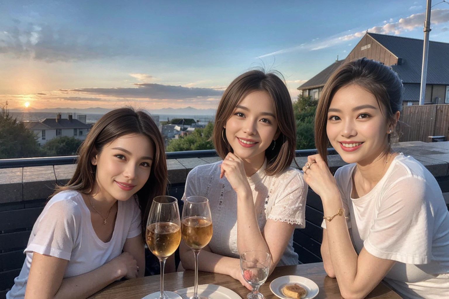 ((Highest quality、8k、masterpiece:1.3))、Whiskey bottles、The Macallan、Joni Black、Old Parr、whiskey、Suntory、Nikka、modelカップル、(Realistic, Intricate details:1.2), full-course dinner、Whiskey bottle and glass on the table、Single Malt、scotch、Rocks glass、Shot Glass、On the rock、Scotland、Amazing view of the sunset sky and clouds、A bright smile、Short sleeve shirt、dress、 (Age 37), 3,Two beauties、Slim men and women、Brown Hair、Shortcuts、 actress, model, Upper Body,