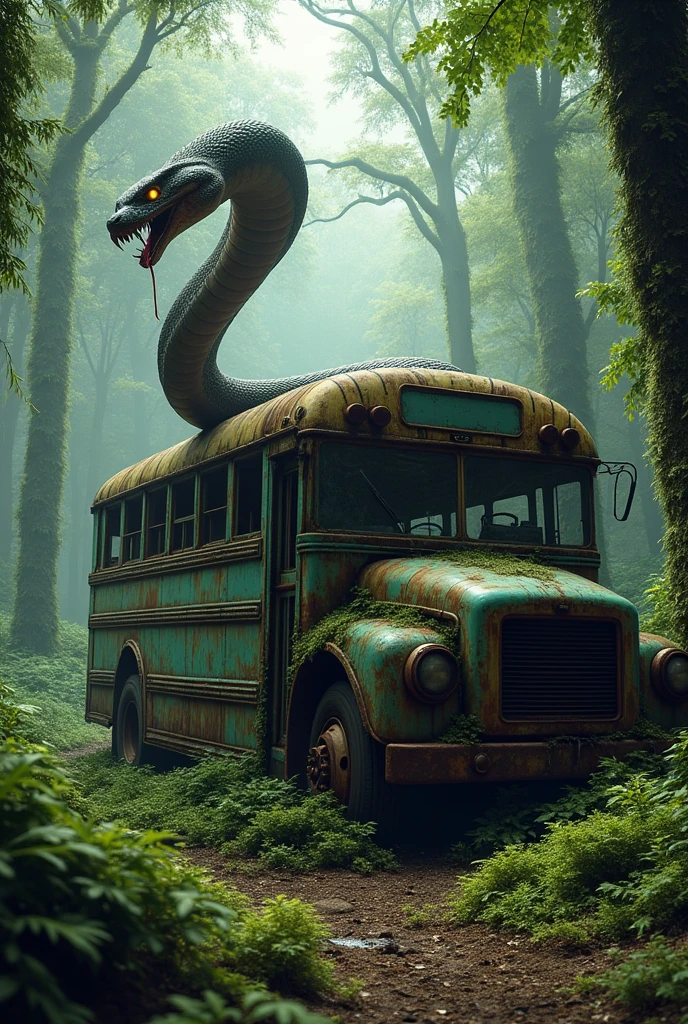 a huge snake coiled around a rusty, mossy bus in the forest