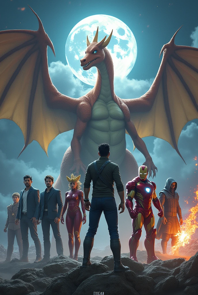 A photo with Virat kohli, loki, iron man, moon knight and groot from marvel, itachi uchiha and pain nagato from naruto anime, kai from beyblade anime, charizard from pokemon anime.