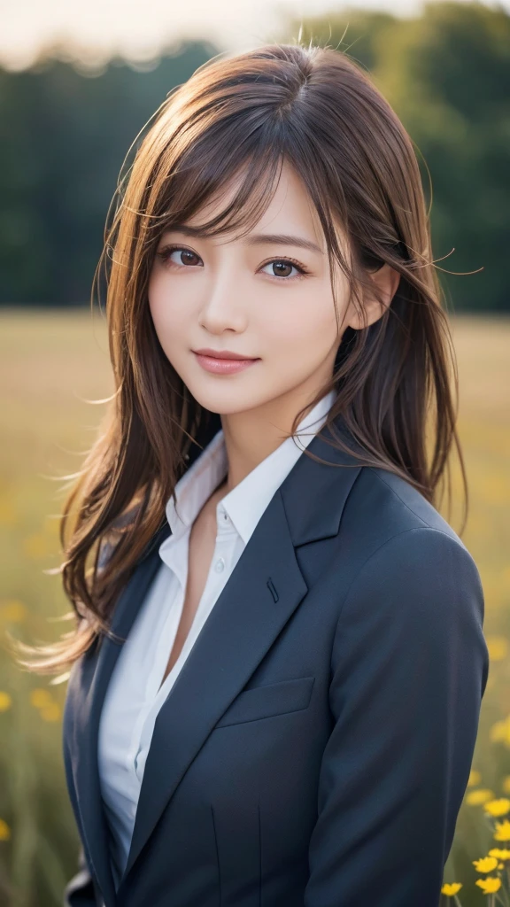 highest quality、genuine、Super detailed、finely、High resolution、8k wallpaper、one beautiful woman、、、light brown disheveled hair、wearing a business suit、sharp focus、perfect dynamic composition、beautiful and detailed eyes、thin hair、Detailed genuine skin texture、smile、model body shape、In a windswept meadow