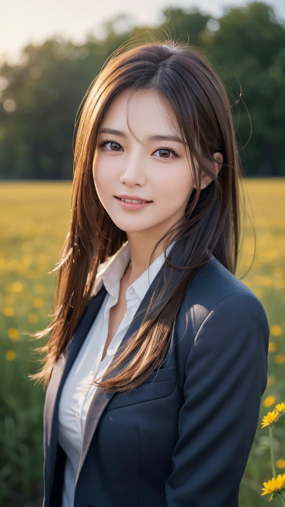 highest quality、genuine、Super detailed、finely、High resolution、8k wallpaper、one beautiful woman、、、light brown disheveled hair、wearing a business suit、sharp focus、perfect dynamic composition、beautiful and detailed eyes、thin hair、Detailed genuine skin texture、smile、model body shape、In a windswept meadow