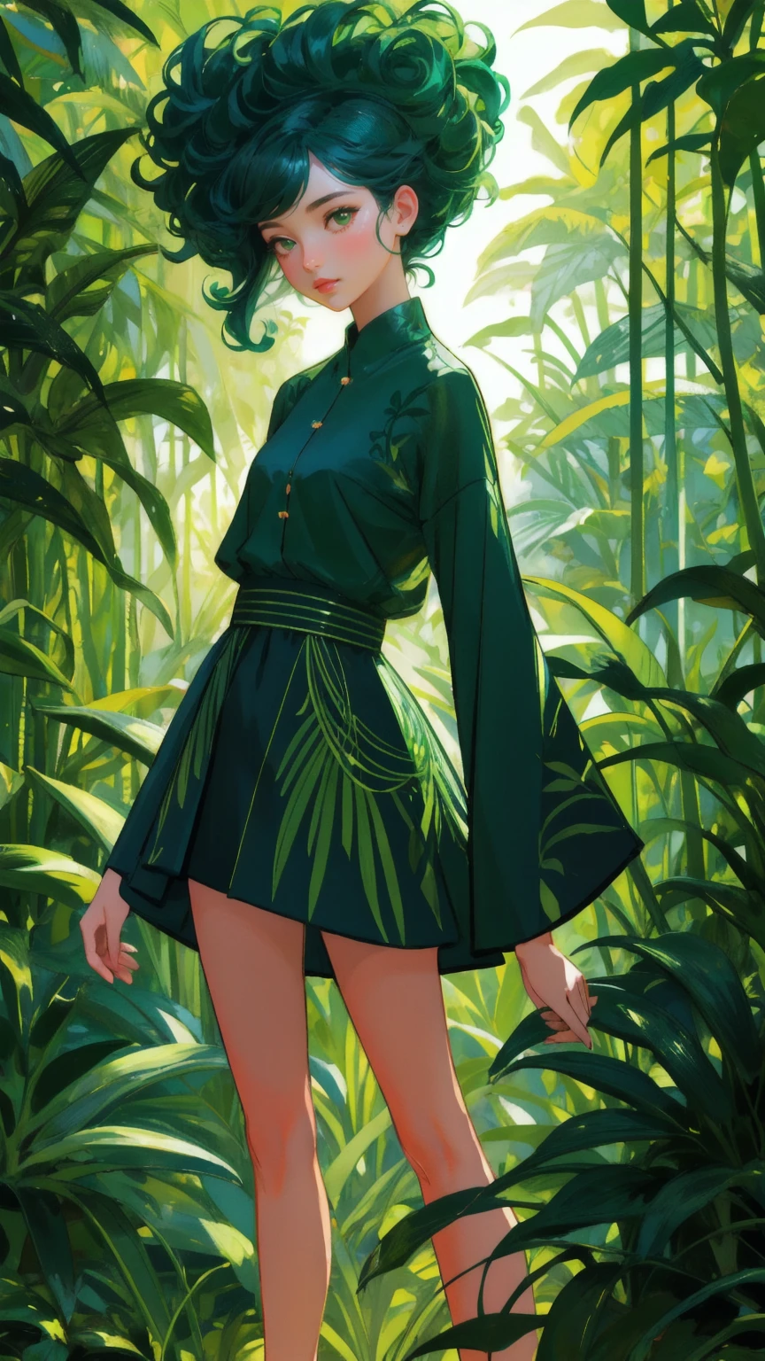 A beautifully stylized girl character in a lush, green jungle environment, standing confidently on a wooden platform. The background is rich with vibrant green foliage, vines, and natural elements. The scene is serene and vibrant, emphasizing the character in the center of this lush environment. No text is present in the image.