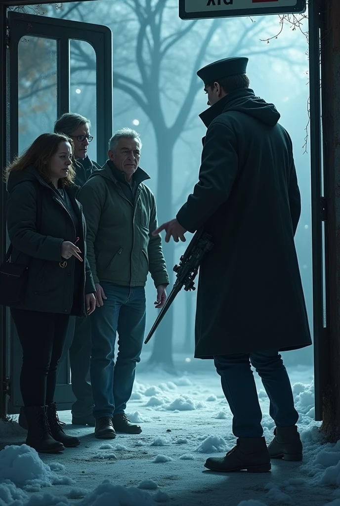  Outside, pedestrians are frozen in fear, their faces reflecting shock and horror, while a dark figure looms near the bus entrance, holding a glinting weapon.