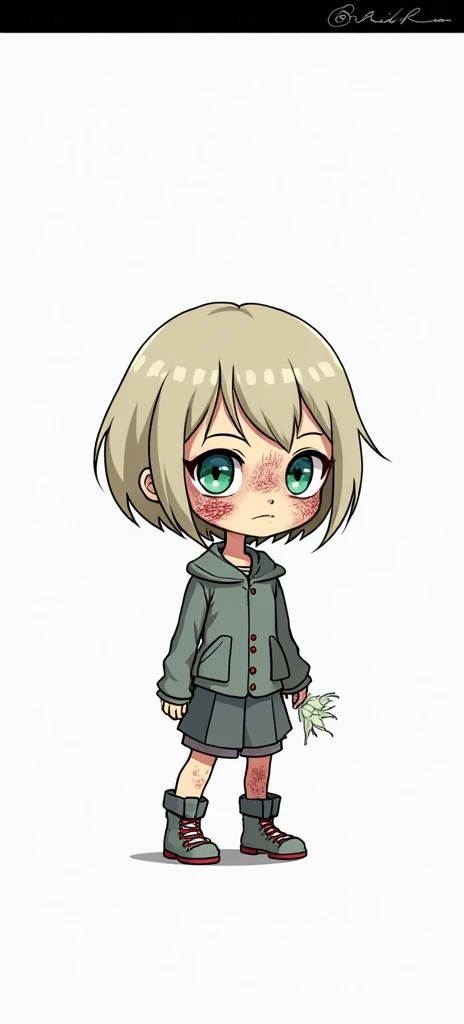 Russian girl, SHORT AND BLOND HAIR, Tez blanca, one eye is light green (the right) and the left one is dark turquoise, has many burn scars, and one in his right eye